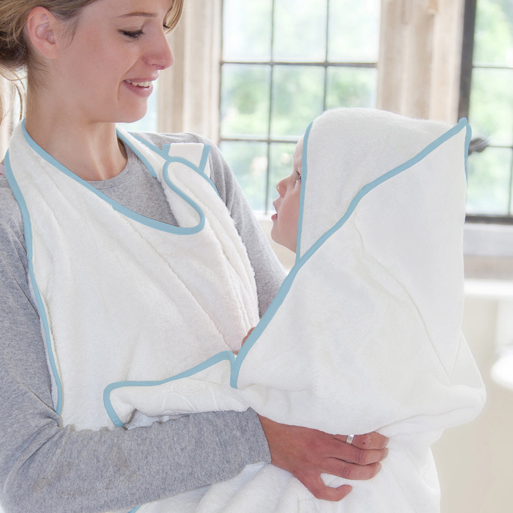 cuddling your baby safely dry after bath with the Cuddledry handsfree apron towel